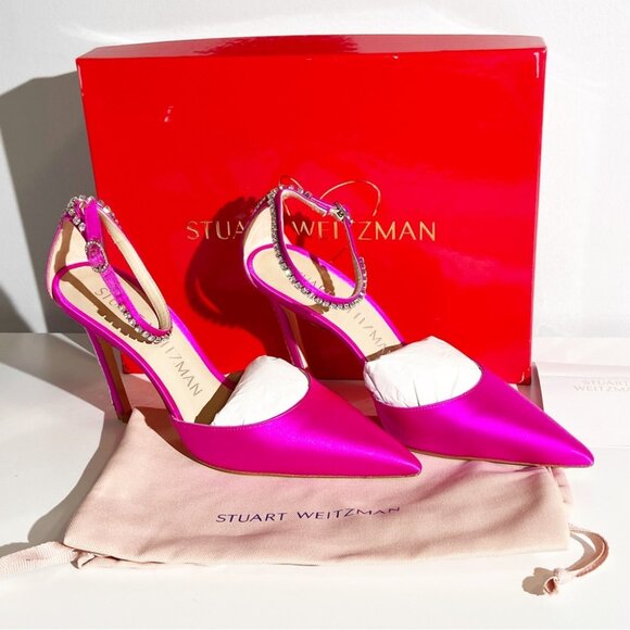 NWT STUART WEITZMANStuart Glam 100 crystal-embellished satin pumps pink sz 7 - Picture 1 of 8